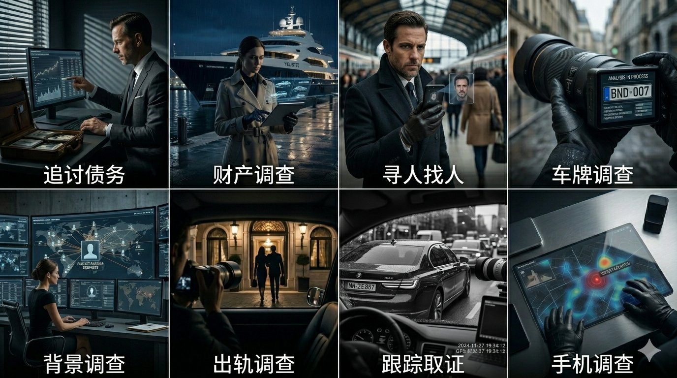 ShenTan Detective Agency 8 services: debt collection, asset investigation, skip tracing, license plate lookup, background check, infidelity investigation, surveillance, phone investigation